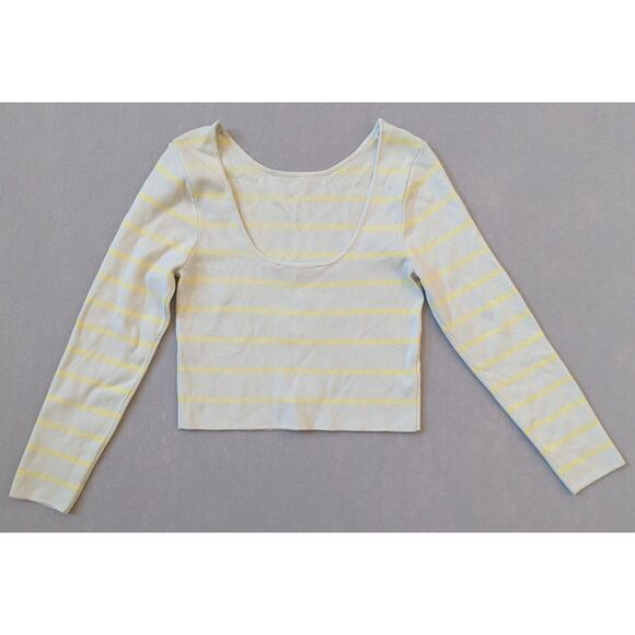 NWT Zara Cropped Scoop Back Sweater Green Yellow Stripes Size L - Picture 2 of 6
